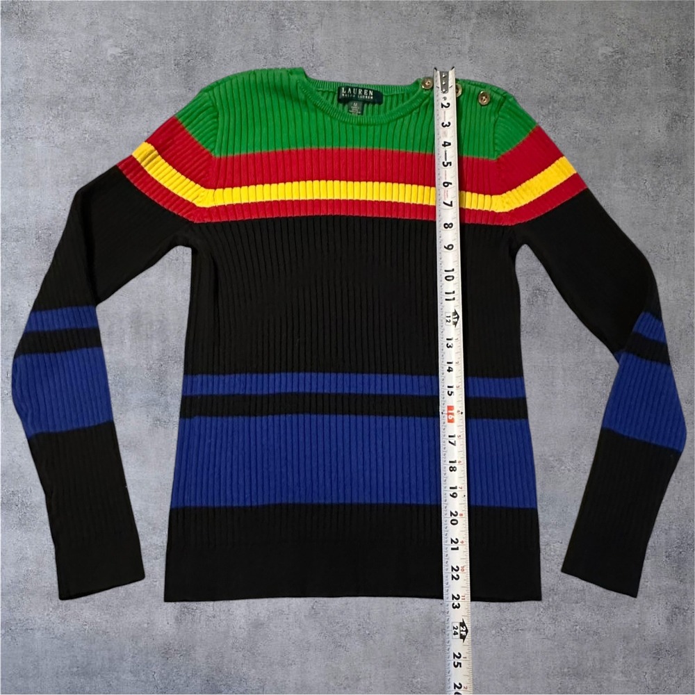 Ralph Lauren Sweater Womens M Multicolor Ribbed Knit Button Shoulder Striped - Picture 2 of 12